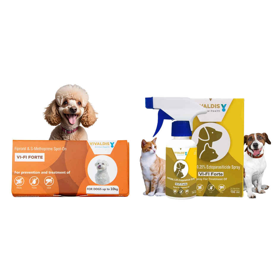 Vivaldis Spot On For Dogs & Puppy Up To 10 Kg | Anti Tick, Flea & Lice Treatment | Vi-Fi Forte (0.67ml) & Vivaldis Vi-Fi Forte-Tick, Flea, Lice Spray For Dogs, Cats, Kitten & Puppies With Fipronil (100ml) Combo