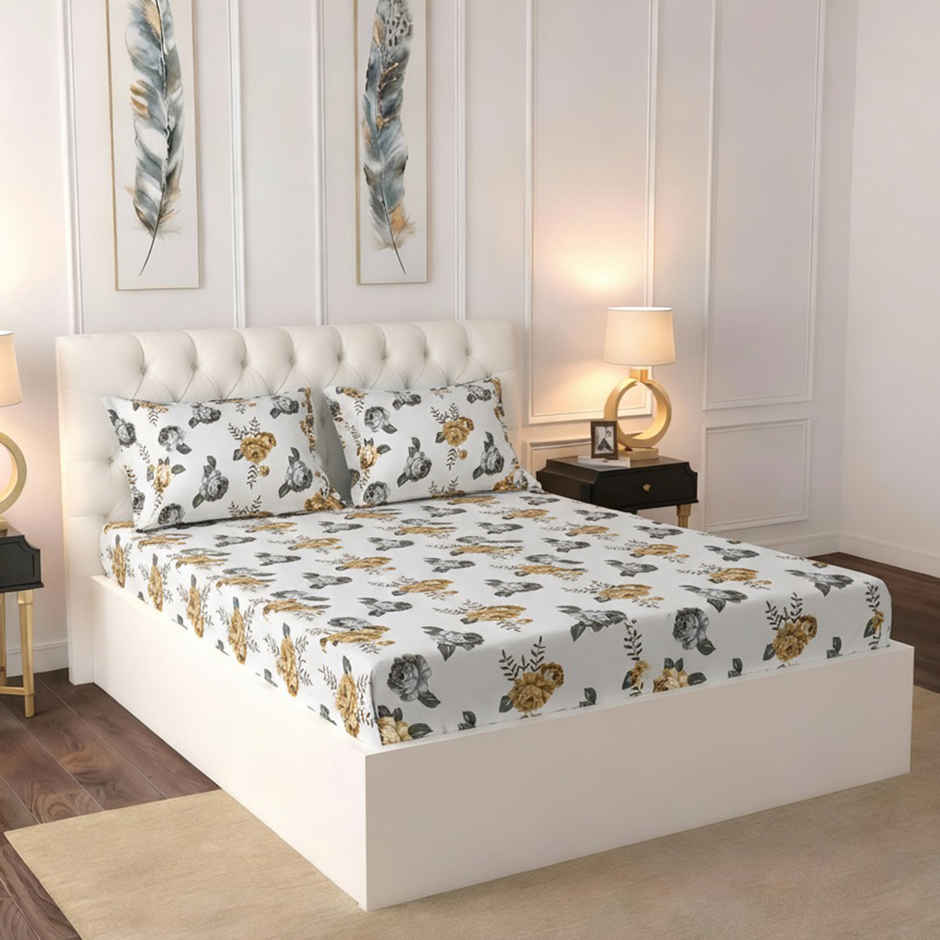 Raymond Home 120 GSM Hazel Floral Double Bedsheet with 2 Pillow Covers White