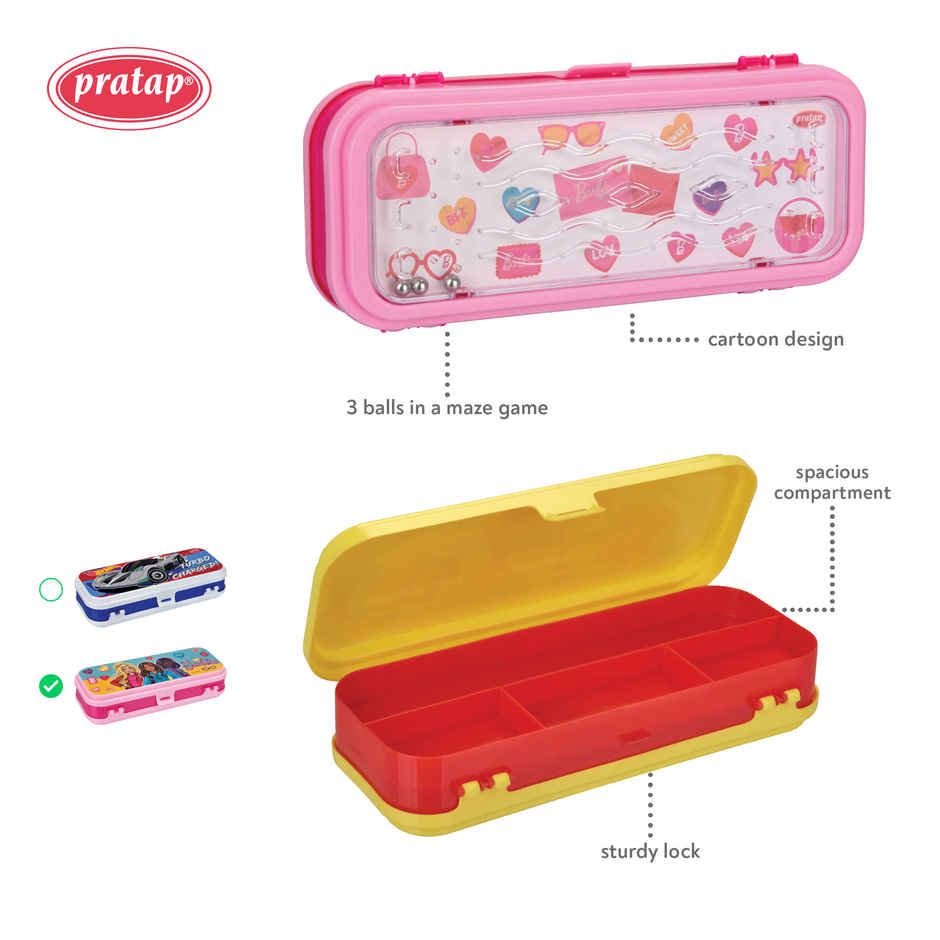 PRATAP Hy School Game Pencil Box 3 Balls in a Maze Game 2 Compartment DPink LPink Barbie