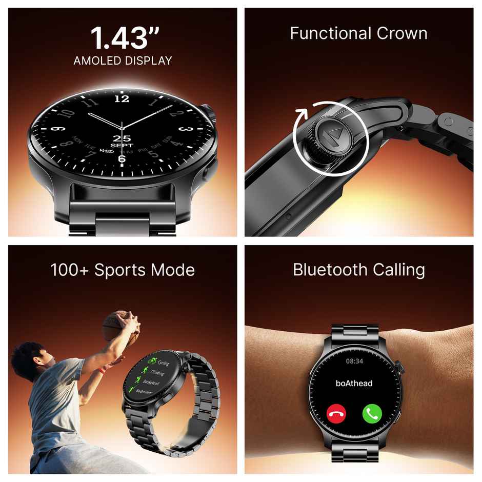 boAt Ultima Prime Smartwatch | 1.43 Inch Amoled Display | SOS | 100+ Sports Modes | Steel Black