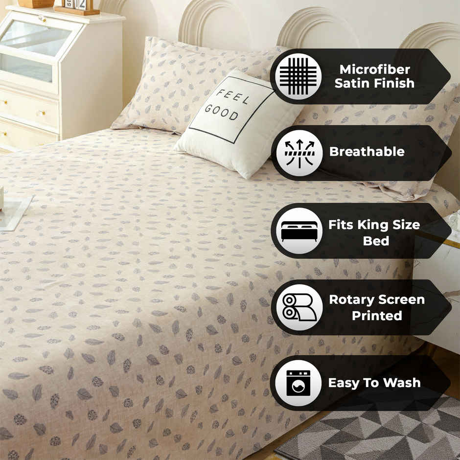 Story@Home Microfiber King 300 TC Floral Bedsheet with 2 Pillow Covers | Beige