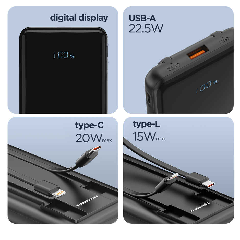 Dubstep Powerblitz X3 22-5W 10000mAh Power Bank | Type-C & Lightning | Black