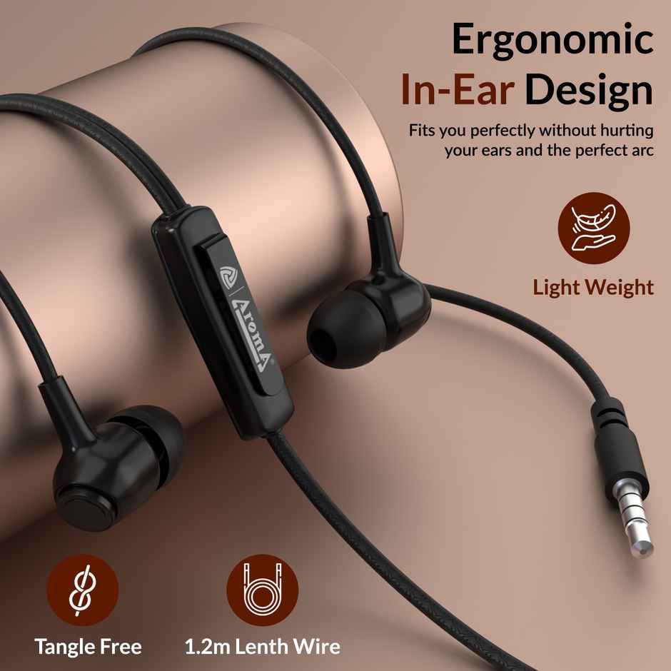 Aroma Wired Earphone With Mic 3.5Mm Jack I 10 Mm Drivers For Mobile, Tablet, Laptop I Black