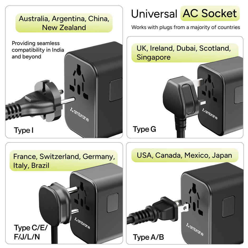Ambrane Universal Travel Adapter Charger with 65W Laptop | MacBook & Mobile Charging | Black