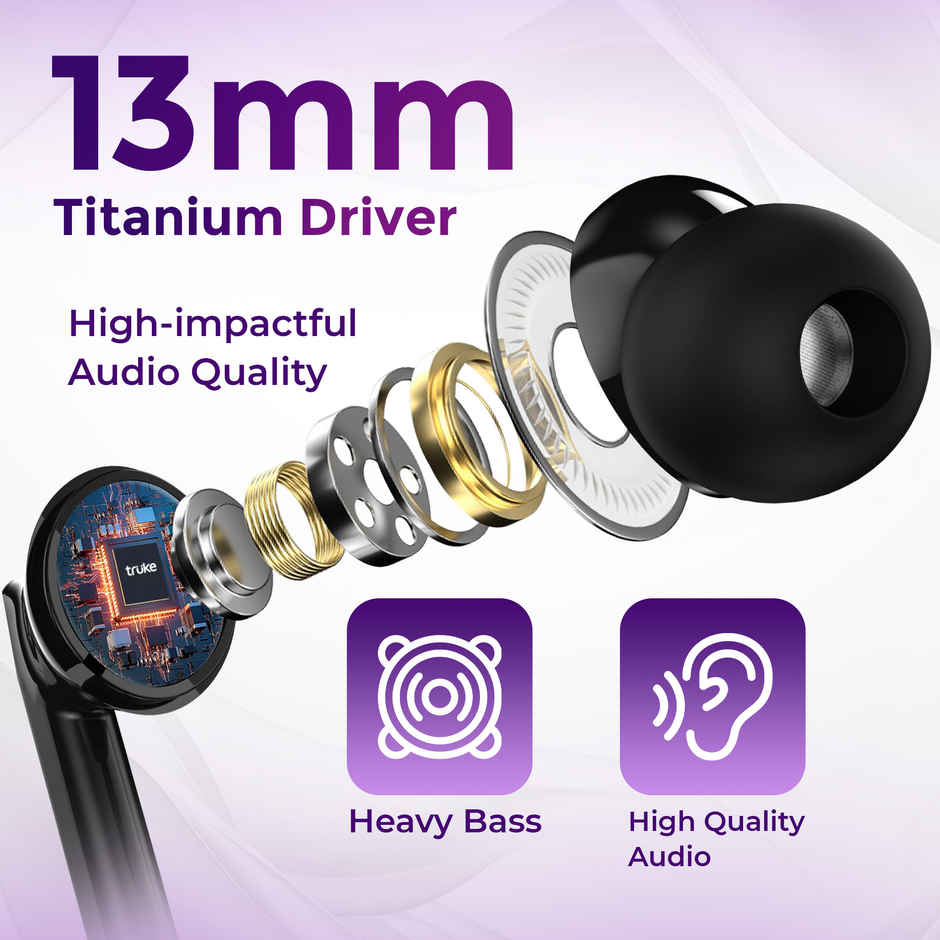 Truke Bass 1 In Ear Wired Earphones With Type C Jack, 13mm Drivers, Smart Controls | Black