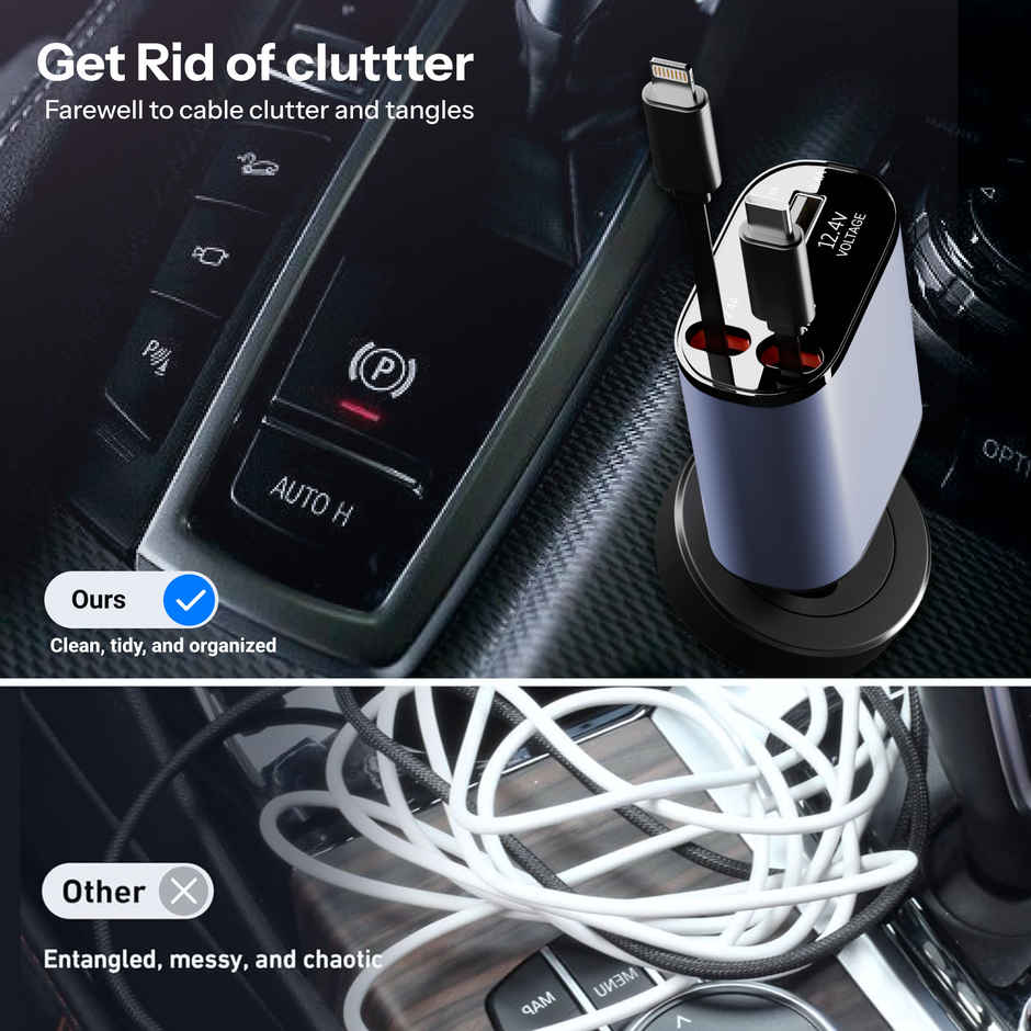 Ailkin 120W Retractable Car Charger 4-in-1 Fast Charger | USB-C & Lightning Cables | Dual USB Port