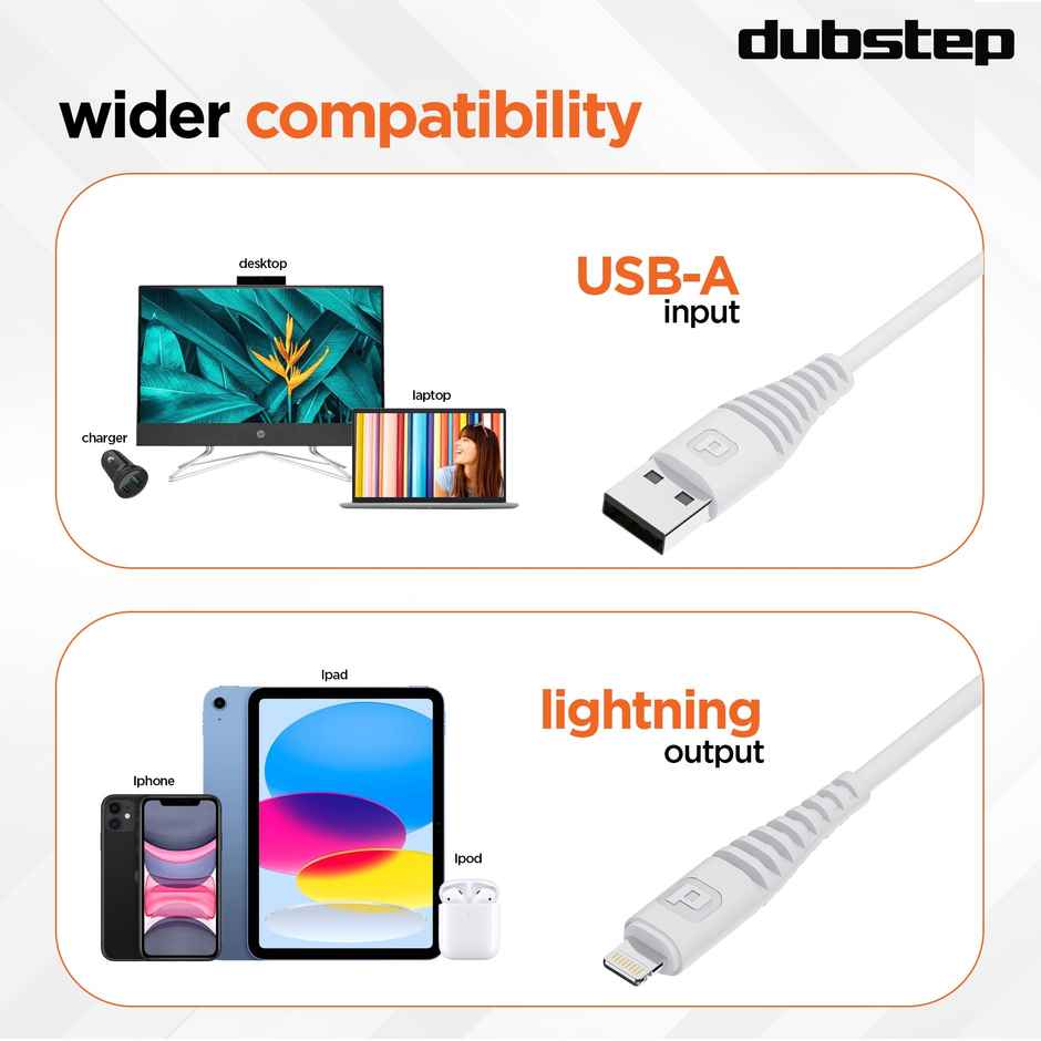 Dubstep Blaze Stellar 20W USB-A To Type-L Data Fast Charging Compatible & Data Sync Cable with Overheat Protection | 70k Insertion Tested - White