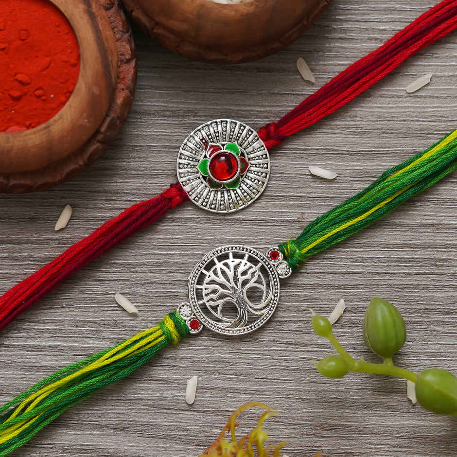 Silver Flower & Tree Designer Rakhi with Roli Chawal | Feng Shui Rakhi | Pack of 2 | Ecraftindia
