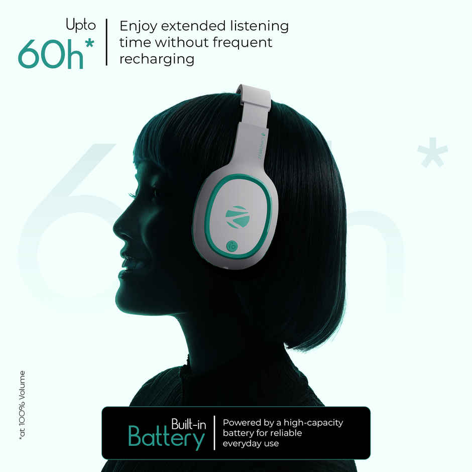 ZEBRONICS Thunder Bluetooth 5.3 Wireless Over Ear Headphones with 60H Backup, Gaming Mode, Dual Pairing, Enc, Aux, Micro Sd, Voice Assistant, Comfortable Earcups, Call Function - Sea Green