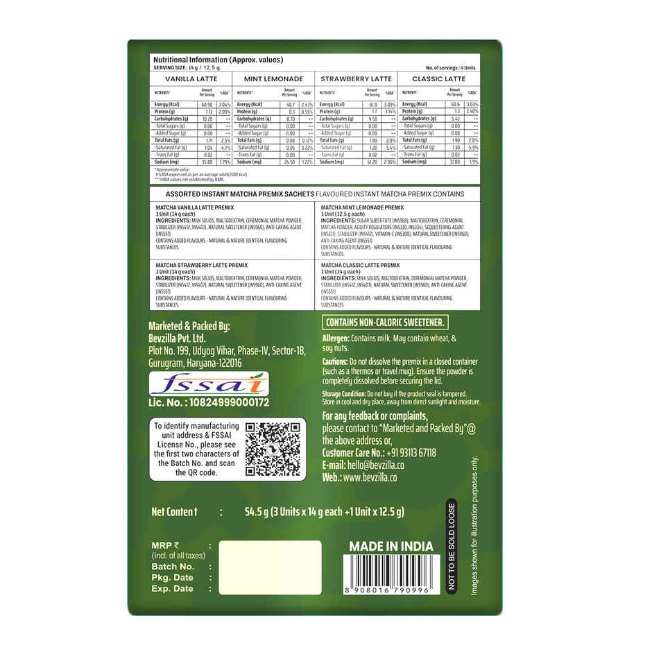 Bevzilla Instant Matcha Premix Sachets | Assorted