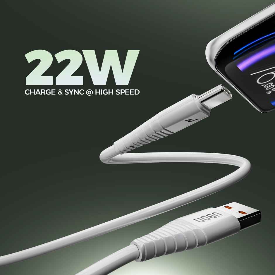 UBON 22W Fast Charging 1mtr USB to C Type V8 Braided Cable - White