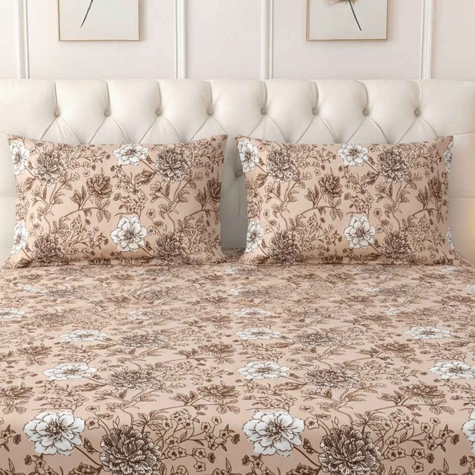 Raymond Home 120 GSM Hazel Floral Double Bedsheet with 2 Pillow Covers Peach