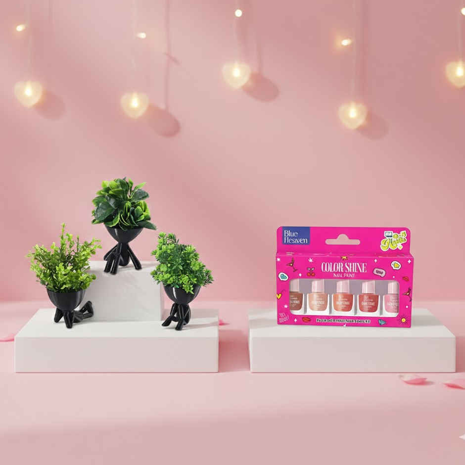 Blue Heaven Color Shine Nail Polish Kit (5pcs) & Kuber Industries 3 Pcs Set Plastic Mini Artificial Plants With Pot (3pcs) Combo