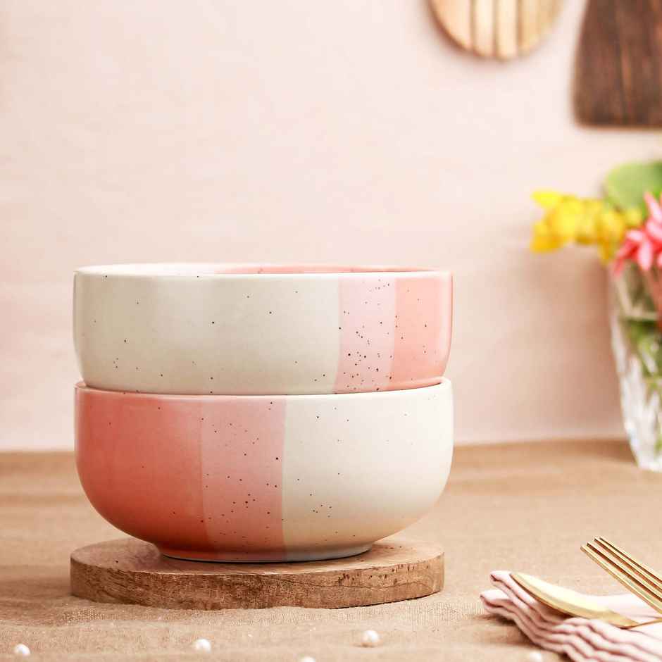 The Earth Store TT Pink Matte 2Pc Ceramic Bowl Gift Set, 500 ml Each Microwave Safe, Snack Serving