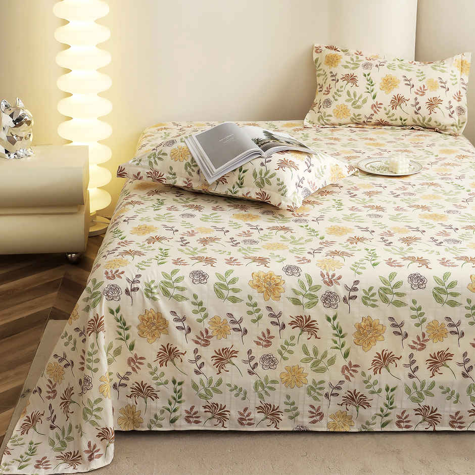 Story@home 210 TC Cotton Blend King Size Floral Flat Bedsheet with 2 Pillow Covers|Off White, Yellow