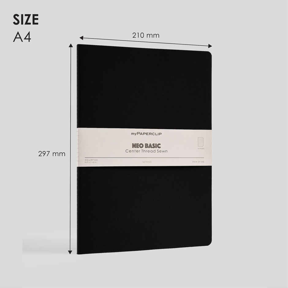 myPAPERCLIP - NeoBasic Notebook, Centre Thread Sewn Notebook - A4 - Ruled - Black Colour
