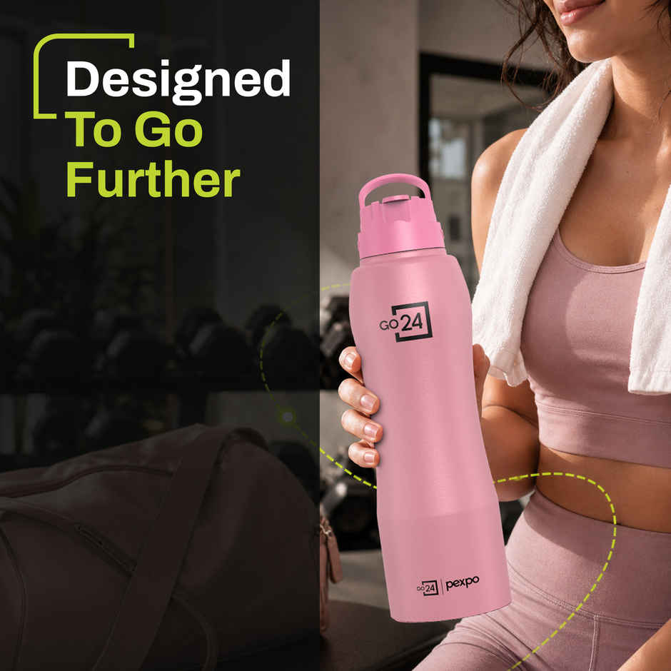 Go24 | Pexpo Stainless Steel Belly Water Bottle With Straw Lid Sipper Cap Easy Grip | Rose Gold | 1 L