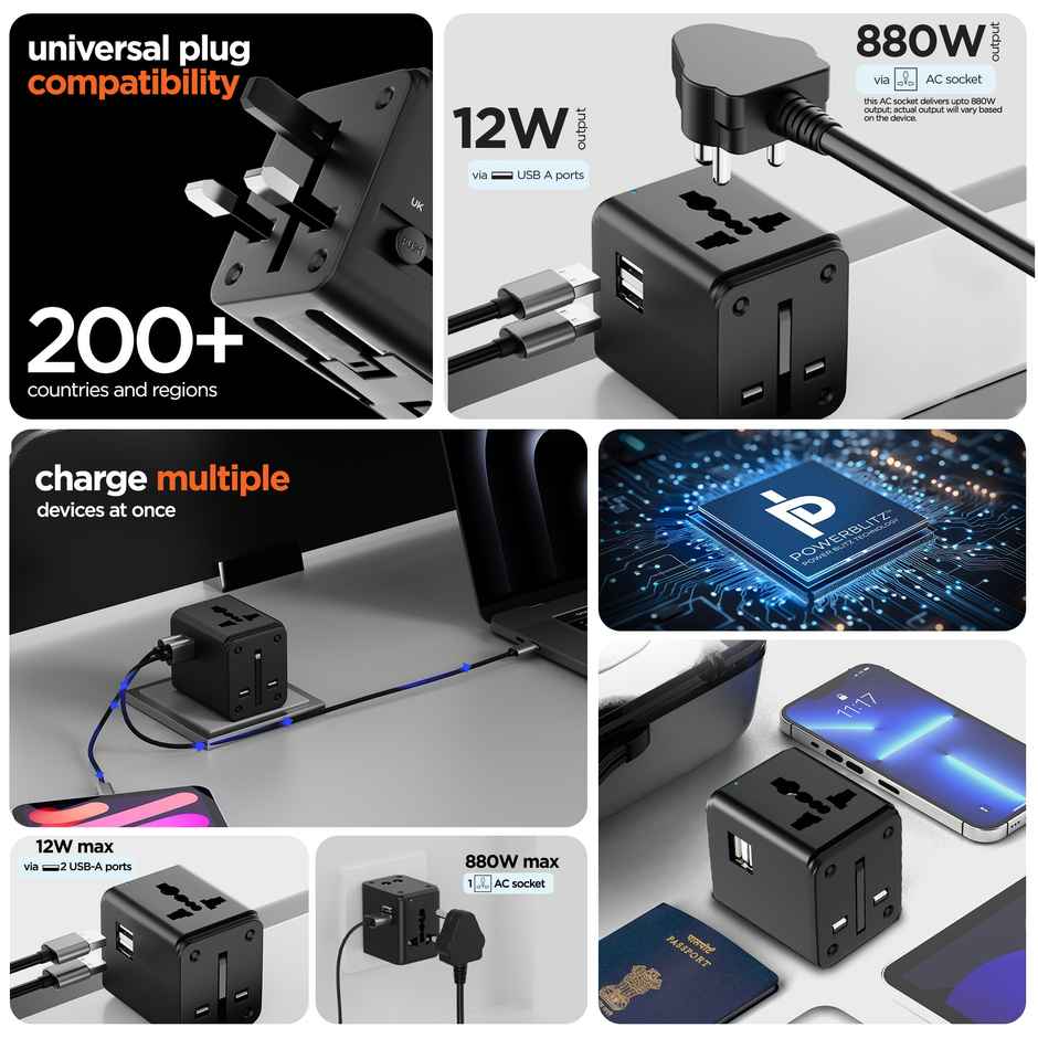 Dubstep Voyager 12W Universal Travel Adaptor, All in One Worldwide Travel Adapter and Wall Charger with Dual USB-A Ports & Power Led Light, 200+ Countries Compatible - Black