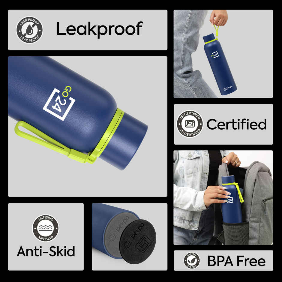 Go24 Bravo Stainless Steel Thermos Bottle | Denim Blue | ISI Certified | 24-Months Warranty