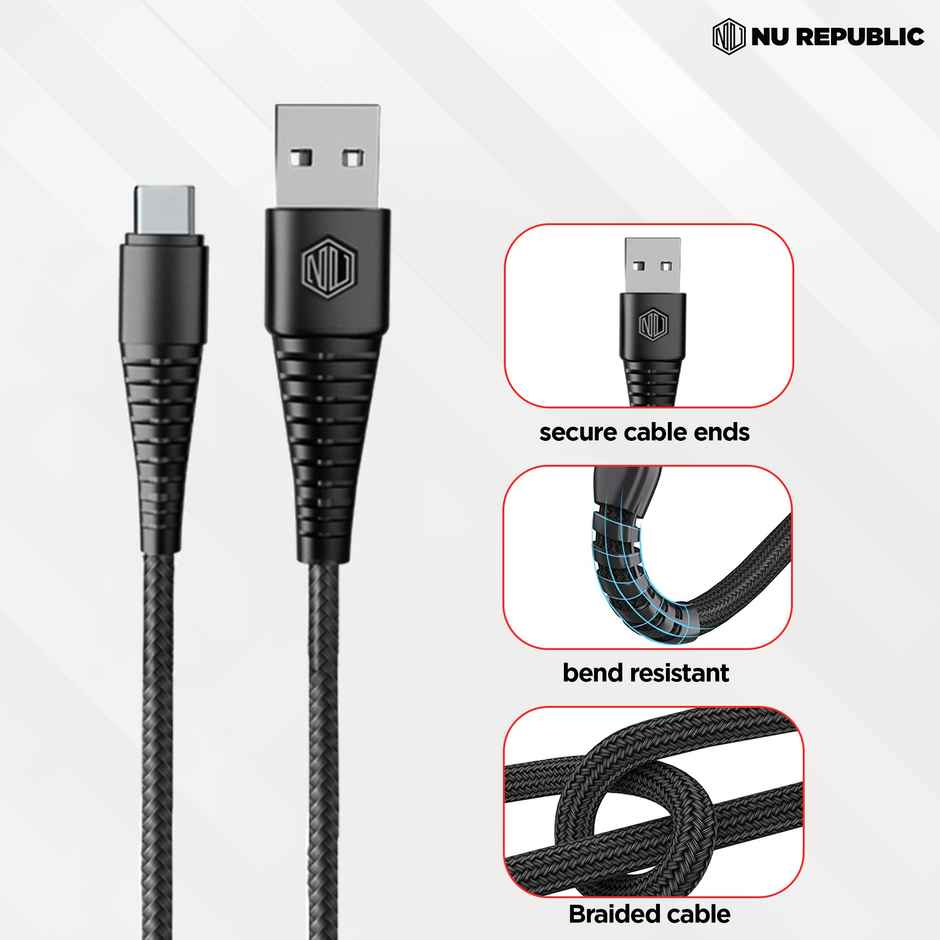 Nu Republic Blaze Ultra Type-C 3.5Amp Fast Charging Tangle Free Sturdy 100 cm Cable for Smartphones, Tablets & Other Type-C Devices with 480 Mbps Data Transmission - Black