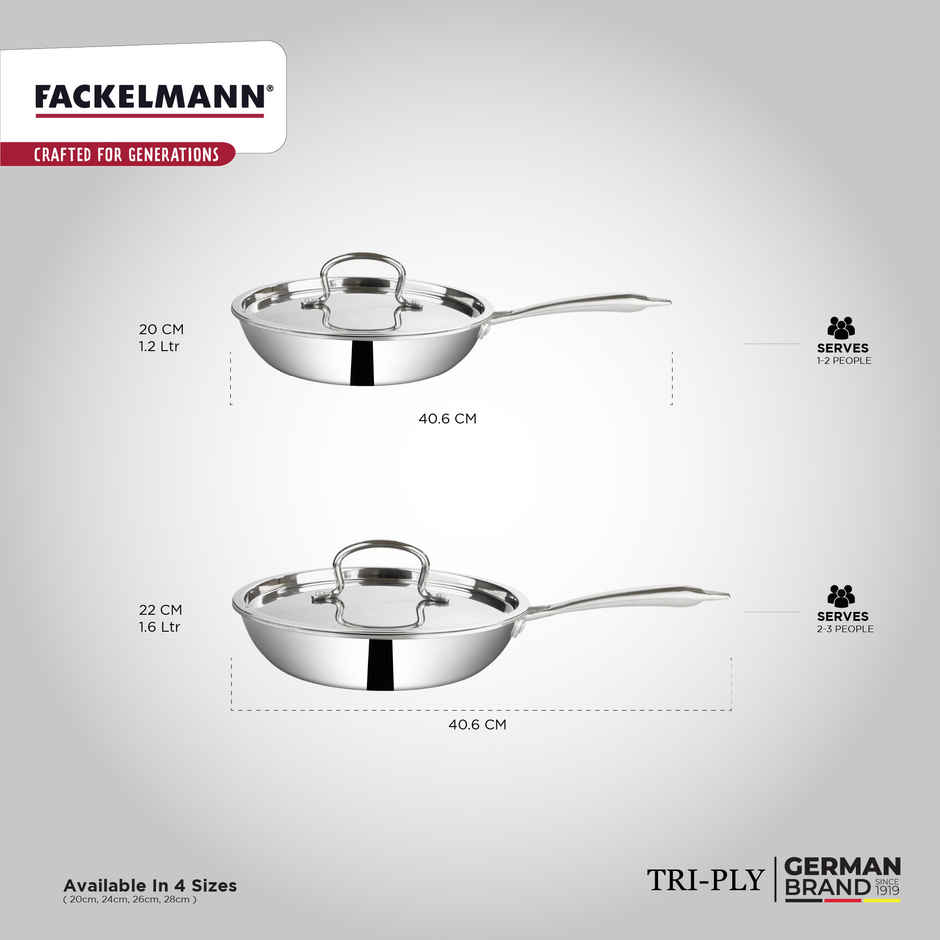 Fackelmann Stainless-Steel Triply Frypan with Lid, 20 cm