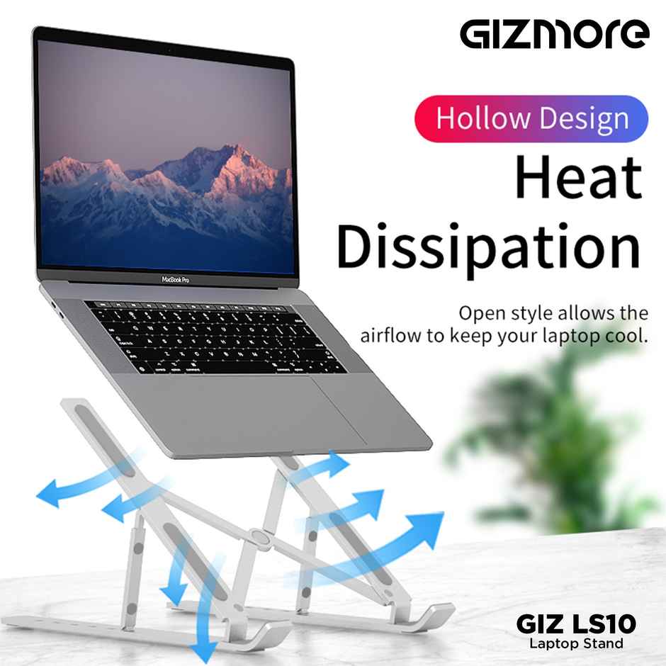 Gizmore GIZ LS10 Laptop Stand Supports laptops up to 39.6 cm (15.6"), Aluminium Alloy Body with 6 Adjustable Levels Stand, Anti Slip Silicon Rubber Pads, Foldable Laptop Stand - Silver