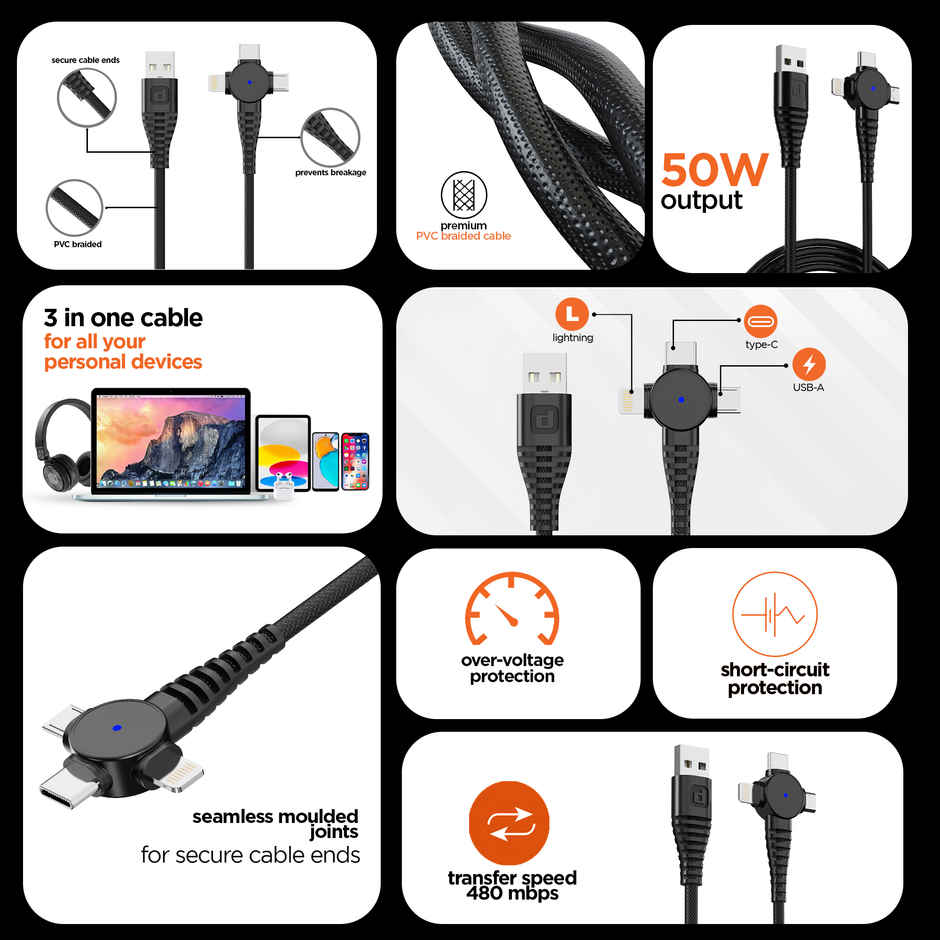 Dubstep Blaze Trinity 50W 3 In 1 Fast Charging Multipurpose Cable (Type-C + Micro + Type-L, Black)