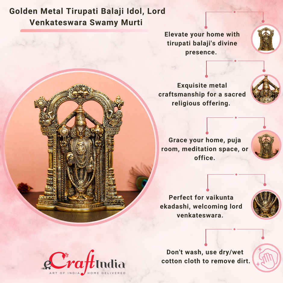 eCraftIndia Golden Metal Tirupati Balaji Idol, Lord Venkateswara Swamy Murti For Home