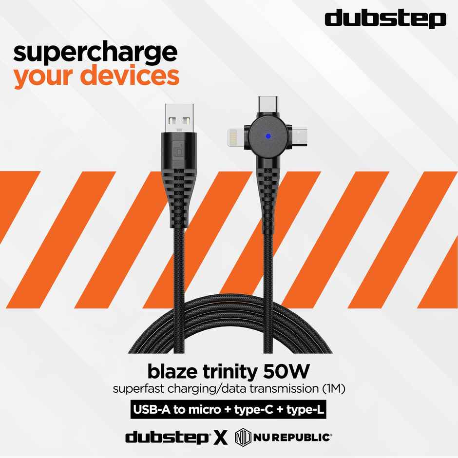 Dubstep Blaze Trinity 50W 3 In 1 Fast Charging Multipurpose Cable (Type-C + Micro + Type-L, Black)