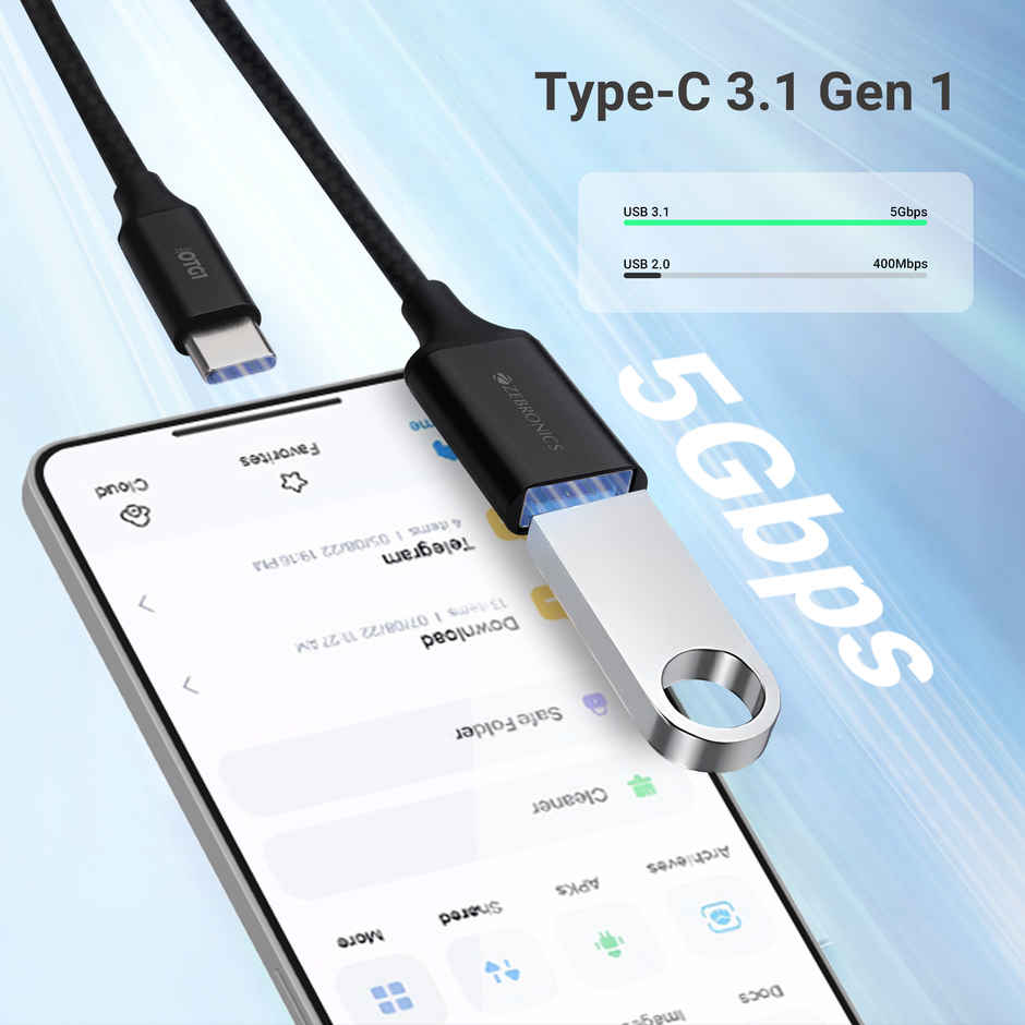 Zebronics OTG1 Type C to OTG Connector with Male Type-C 3.1 Gen 1, Female USB 3.0 5Gbps, 15cm Braided Cable, Metal Body, Sleek Design, for Smartphones, Tablets & Laptops - Black