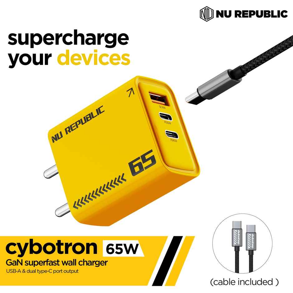 Nu Republic Cybotron 65W Gan Superfast Wall Charger with Type-C To Type-C Cable (Yellow)