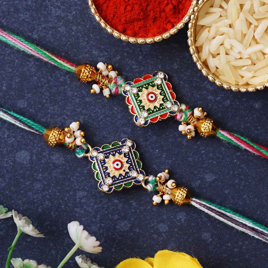 Evil Eye Beads Pearl Rakhi with Roli Chawal Raksha Bandhan Rakhi | Meenakari | Pack of 2 | Ecraftindia