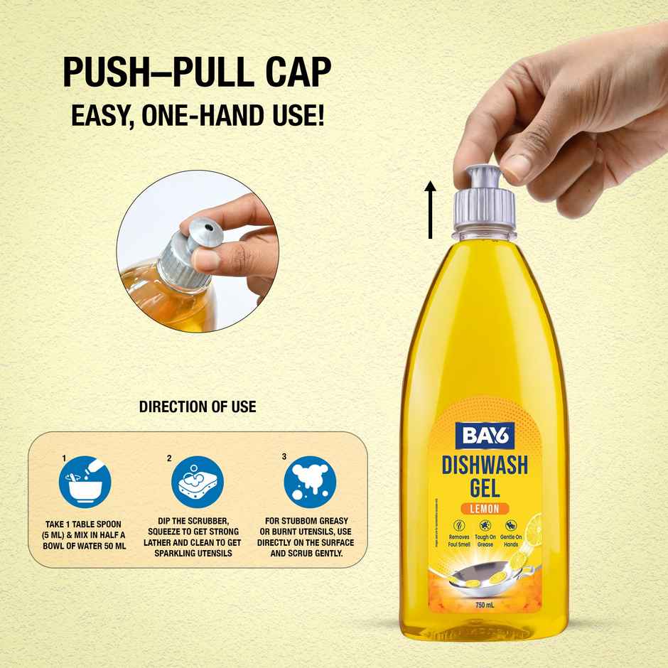 BAY6 Dishwash Gel Liquid Lemon Tough Grease & Foul Smell Removal