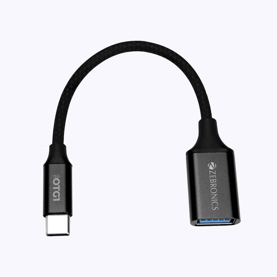 Zebronics OTG1 Type C to OTG Connector with Male Type-C 3.1 Gen 1, Female USB 3.0 5Gbps, 15cm Braided Cable, Metal Body, Sleek Design, for Smartphones, Tablets & Laptops - Black