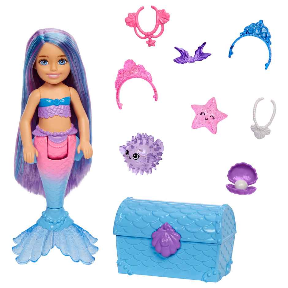 Mattel Barbie Chelsea Mermaid Doll Blue & Purple Hair With 2 Pets, Treasure Chest & Accessories