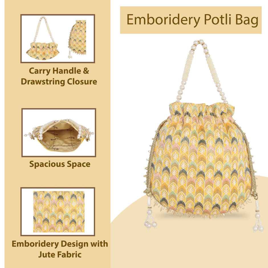 Lavie Women's Noor Chevron Embroidered Potli | Small | Yellow