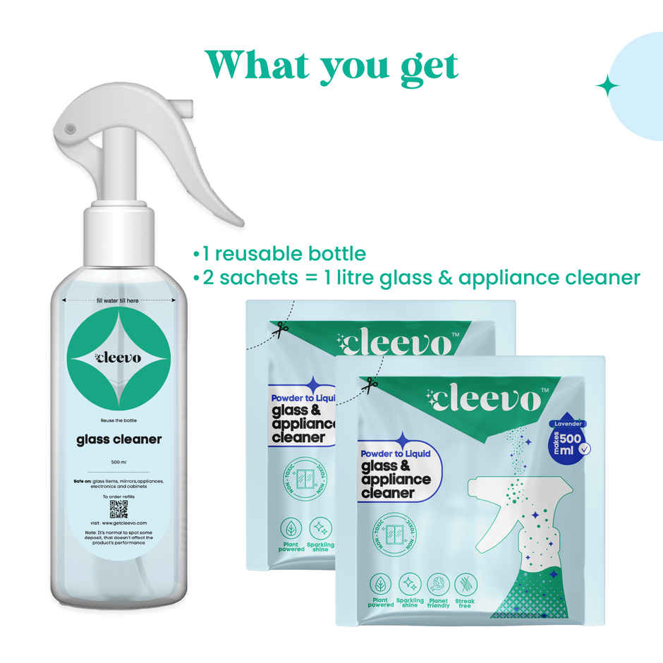 Cleevo Natural Glass Cleaner & Appliance Cleaner Spray Pack Powder To Liquid (1l) & Cleevo Natural Floor Cleaner Refill Pack Non-Toxic Eco-Friendly Powder To Liquid Lemon (5l) Combo