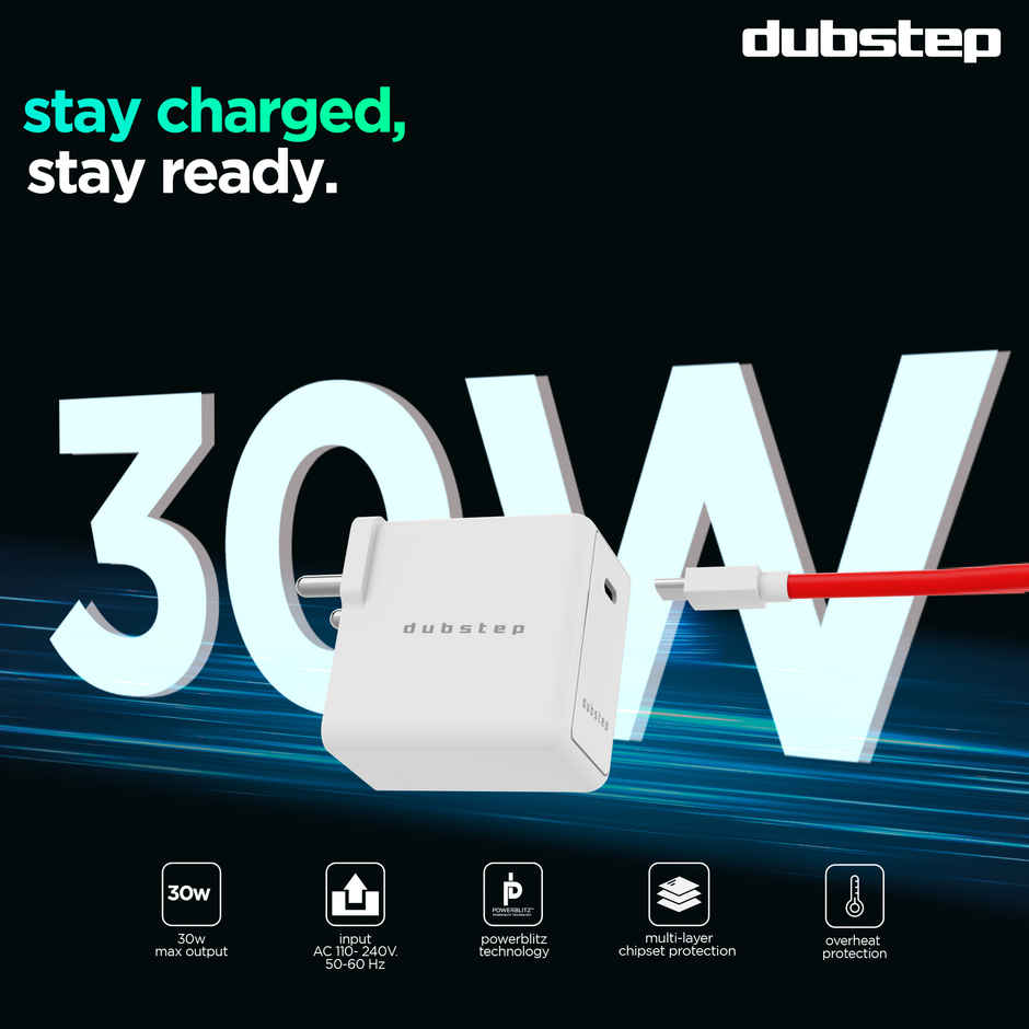 Dubstep Sprint All-in-one 30W 6A Charger with Type-C to Type-C Cable Supports All Fast Charging Technologies(Cable Included) - Red