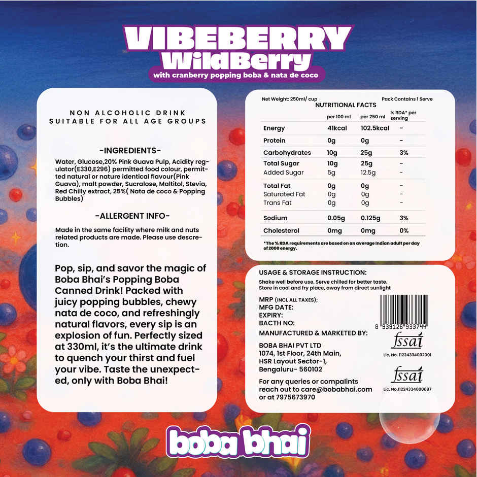 Boba Bhai Wild Berry Fruit Drink with Popping Boba and Nata de Coco Combo