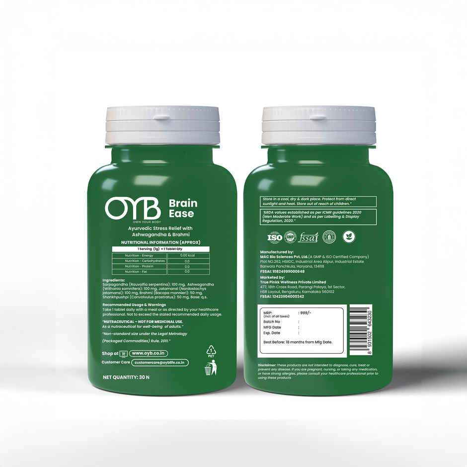 OYB Brain Ease Stress Relief with Ashwagandha & Brahmi for Calm Mind, Focus & Anxiety | 30 Tablets