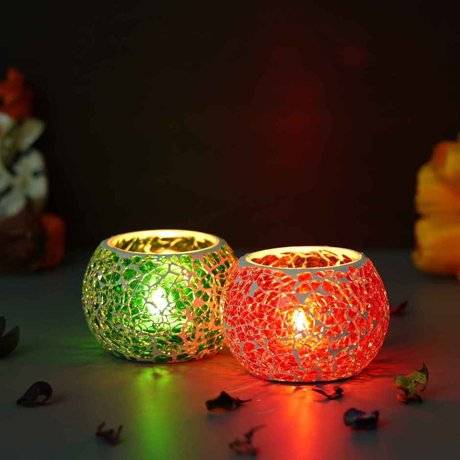 eCraftIndia Red & Green Set of 2 Mosiac Glass Decorative Tea Light Holder/diya