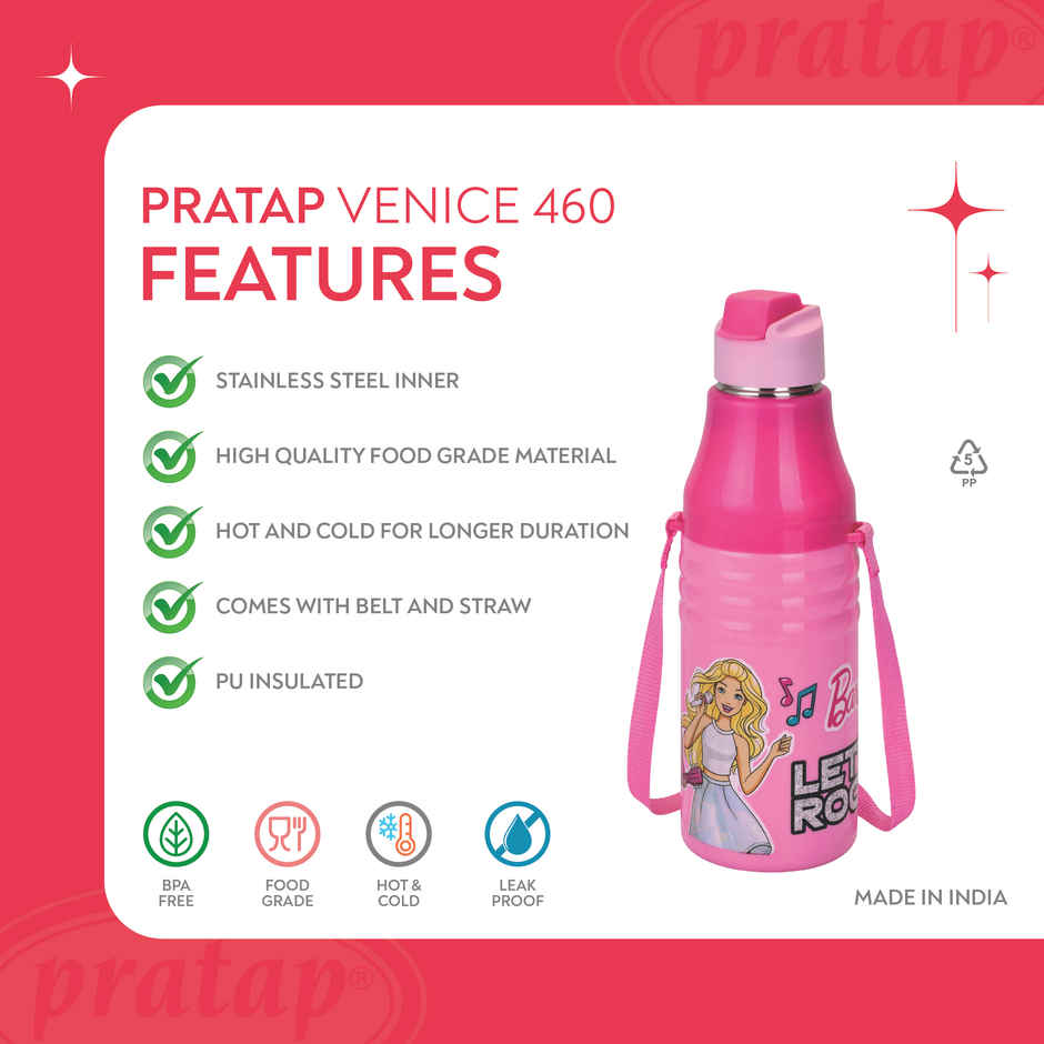 Barbie Kids Stainless Steel Insulated Water Bottle with Straw | Leak Proof, BPA Free