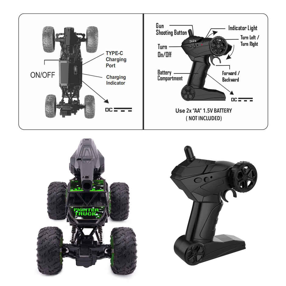 SEEDO Remote Control Car 1:18, 2.4 GHz, Type-C Rechargeable, Fast Speed Gun Rock Crawler | Green