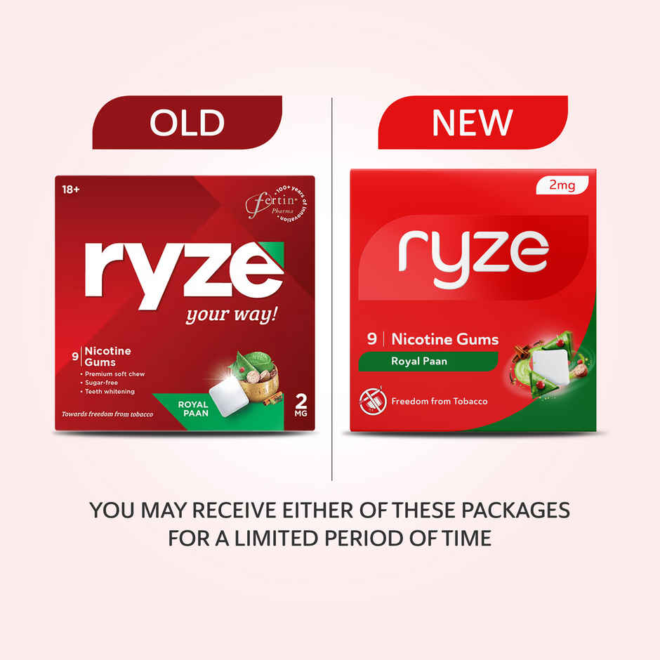Ryze Paan Masala Nicotine Gum 2Mg | 9 Gum Blister (1pc) & Ryze Royal Paan Nicotine Gums 2Mg | 9 Gum Blister (1pc) & Ryze Frosty Mint Nicotine Gums 2Mg | 9 Gum Blister (1pc) & Ryze Nicotine Gums 2Mg (Fresh Fennel) Gums Single Pack - 9 Gum Blister (1pc) & Ryze Nrt 2Mg (Fruit Blast) Nicotine Gums Single Pack - 9 Gum Blister (1pc) Combo