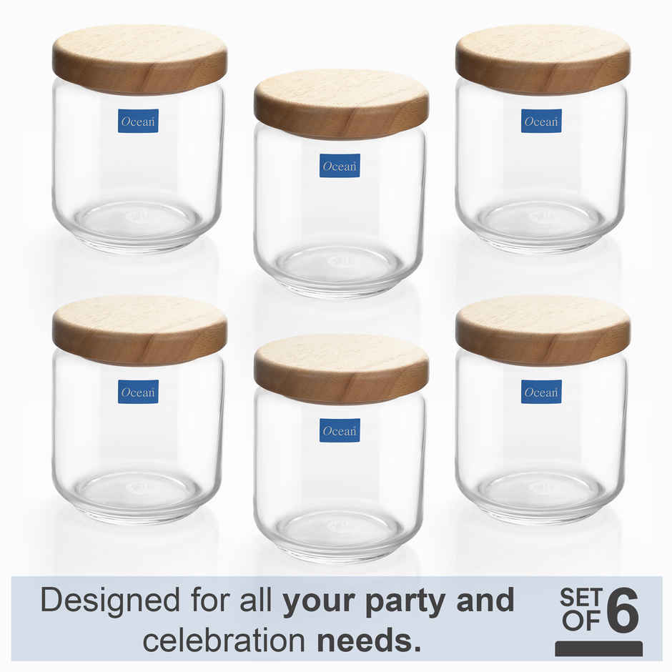 Ocean Pop Glass Jar Set with Wooden Lid (500 ml, 6Pcs)