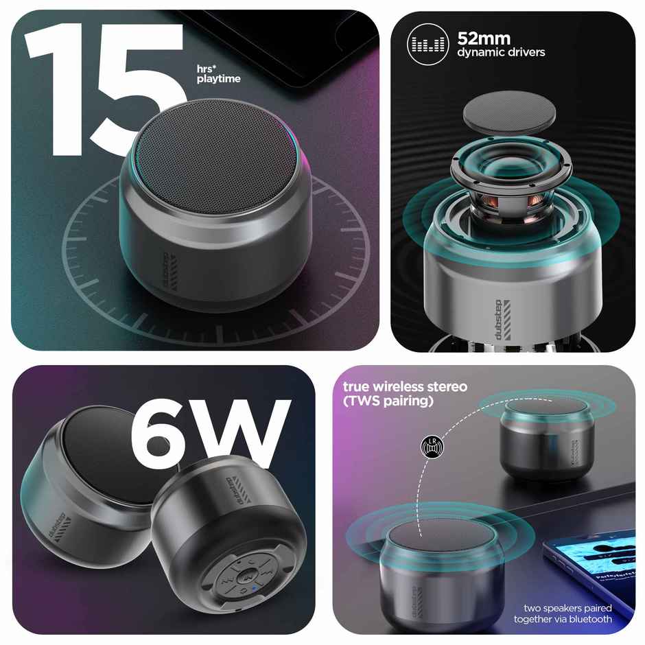 Dubstep Pop 600 Wireless Speaker With 15Hrs Playtime,  52mm Dynamic Driver, 6W Output, Bluetooth v5.3 -  Grey