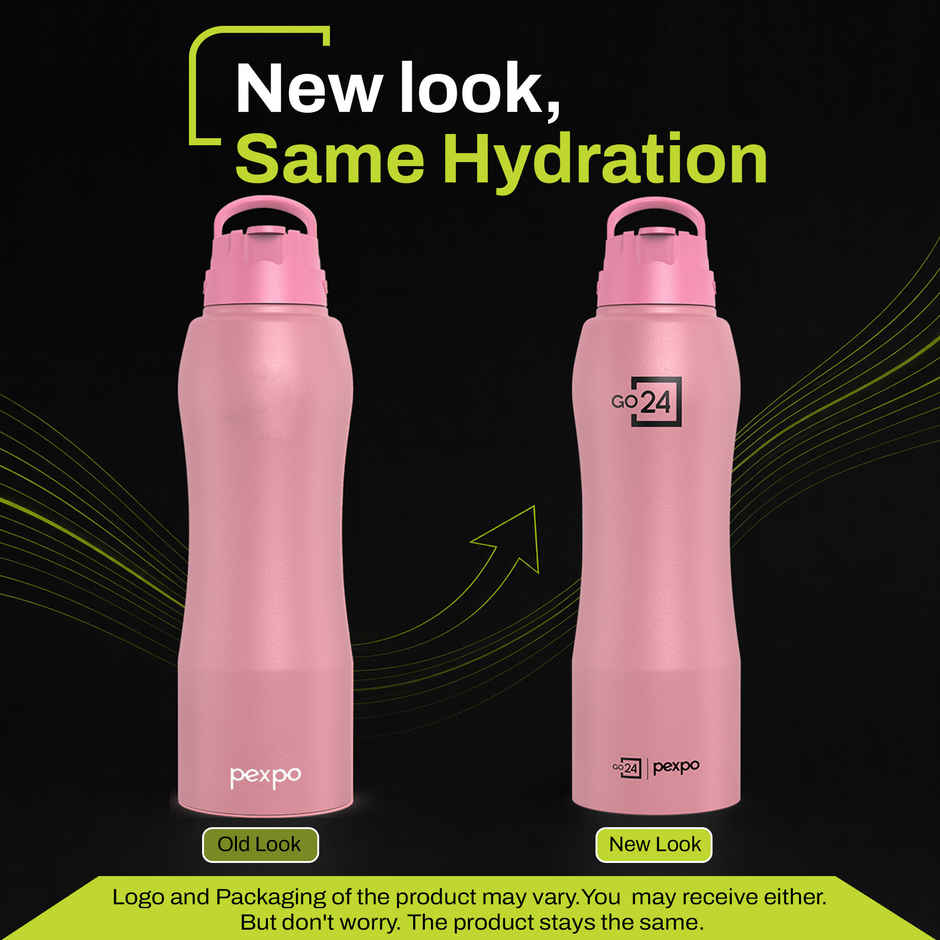 Go24 | Pexpo Stainless Steel Belly Water Bottle With Straw Lid Sipper Cap Easy Grip | Rose Gold | 1 L