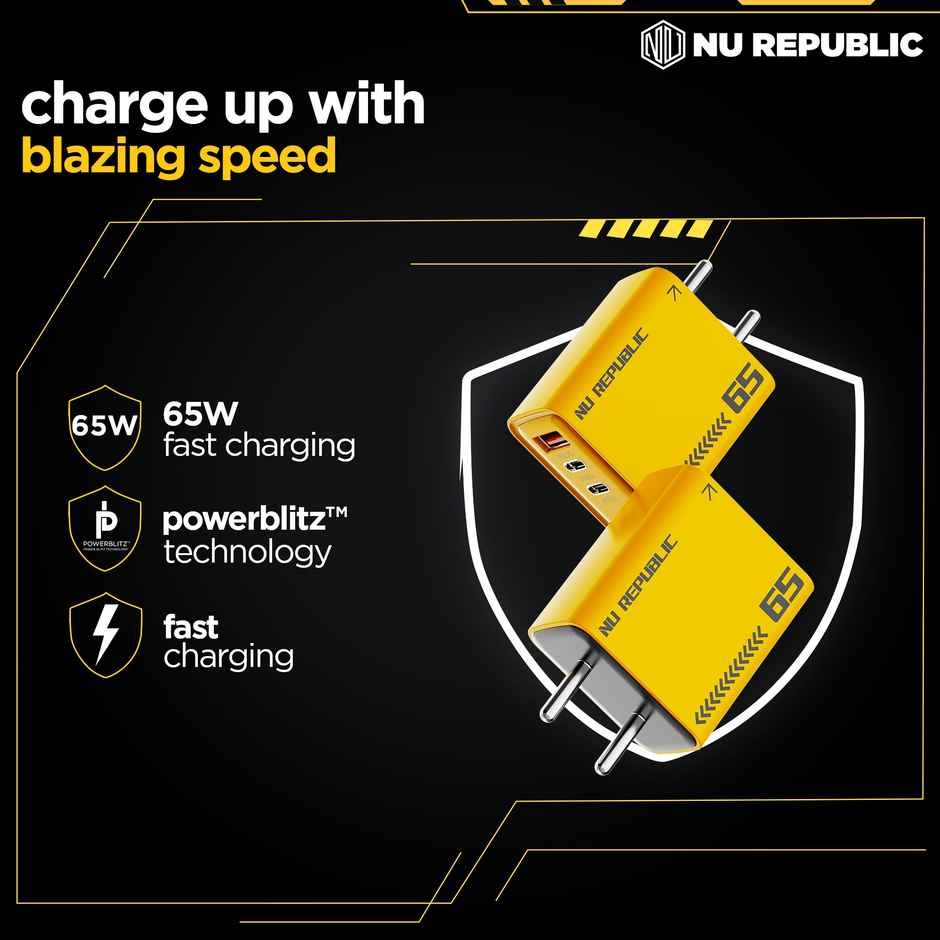 Nu Republic Cybotron 65W Gan Superfast Wall Charger with Type-C To Type-C Cable (Yellow)