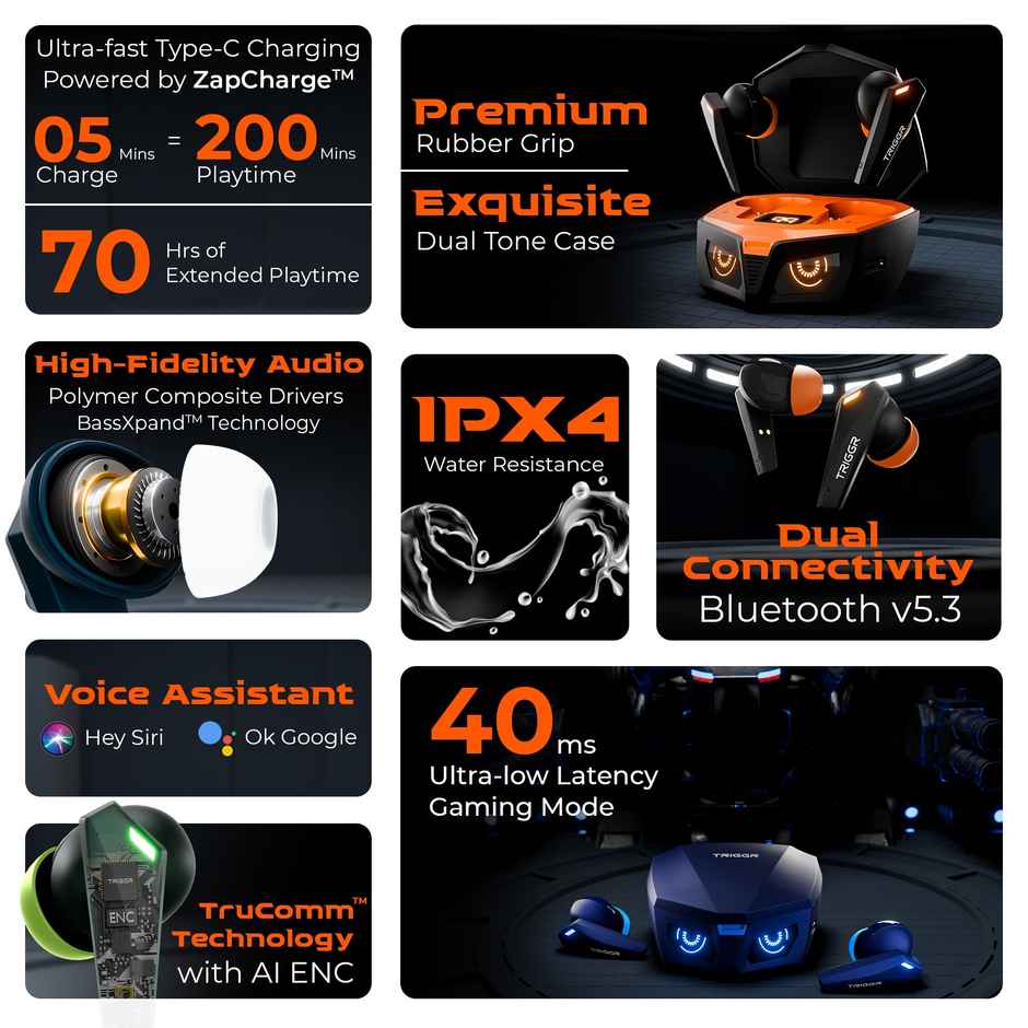 Triggr Earbuds Kraken X1 Plus | Dual Pairing | Battery Display | Quad ENC | 70Hr | Black Inferno