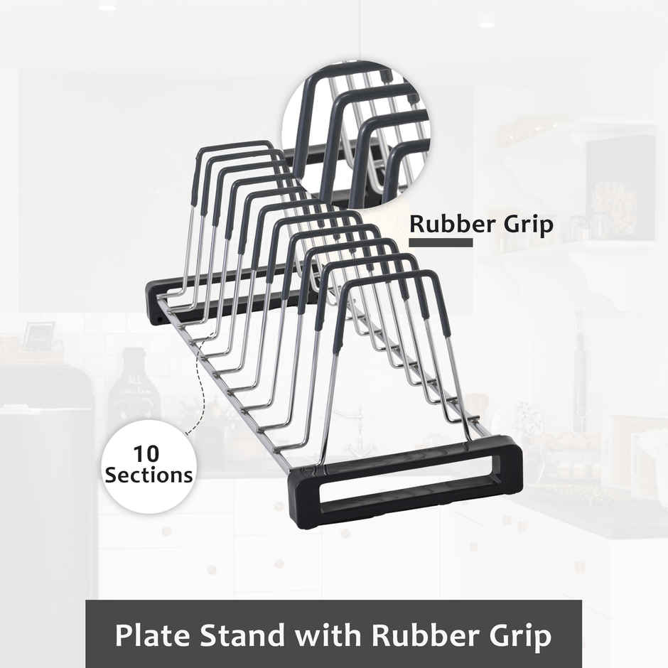 Kuber Industries Stainless Steel Plate Stand | 20 Inch Crockery Organizer | Silver & Grey